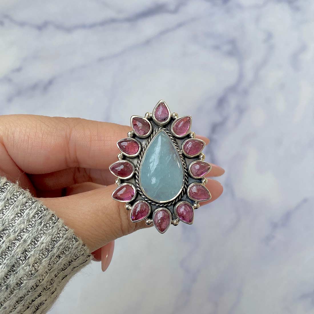 Aquamarine And Pink Tourmaline Flower Adjustable Ring-(AQM-FLR-1.)